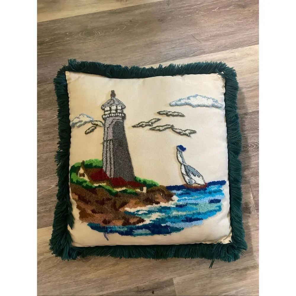 Lighthouse Sailboat Needlepoint Fringed Throw Pillow 16x16 Coastal Decor Vtge